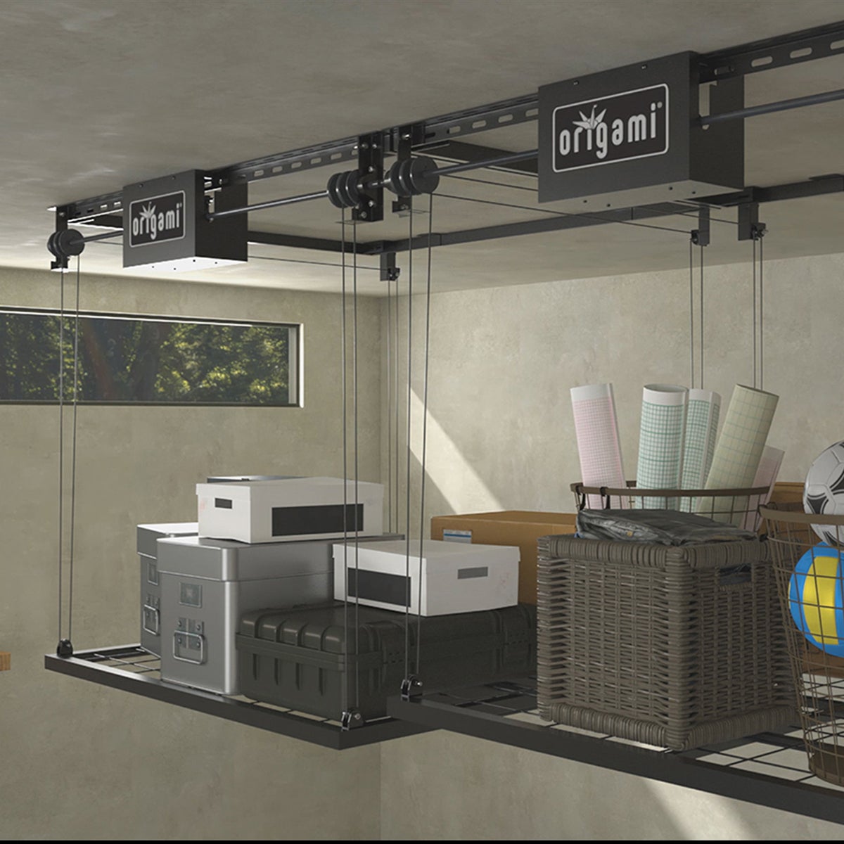 Origami Motorized Garage Storage Shelf | The Container Store